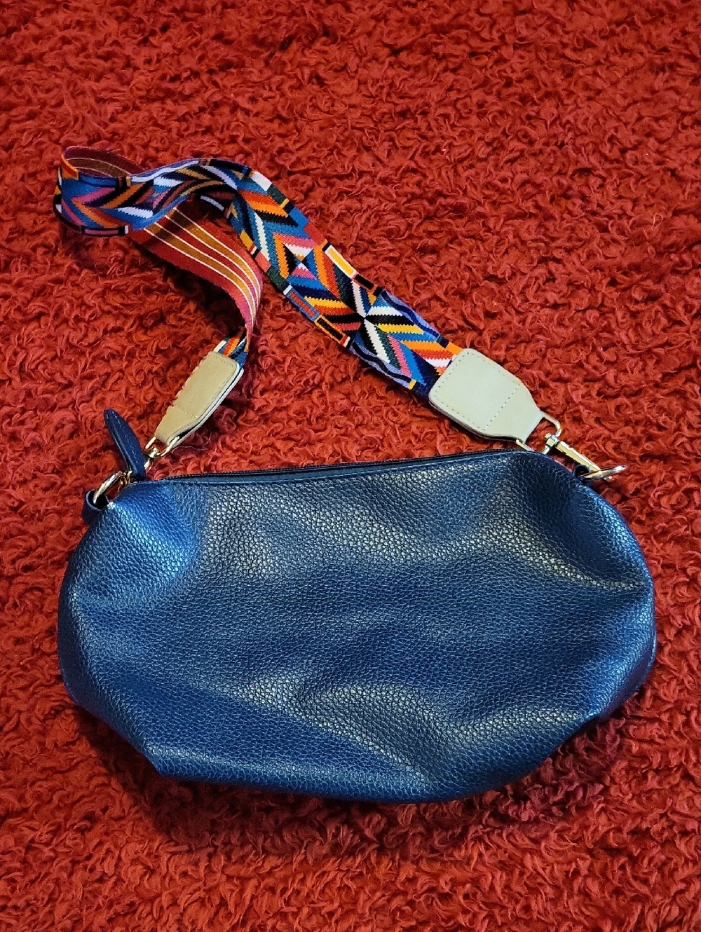 Blue Leather Crossbody Bag with Colorful Strap